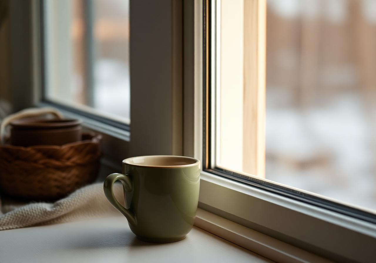 Kaffekopp ved et vindu i mykt lys