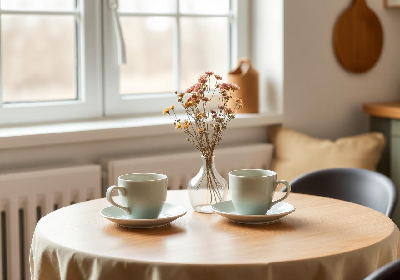 Rolig møte rundt et kjøkkenbord med kaffekopper
